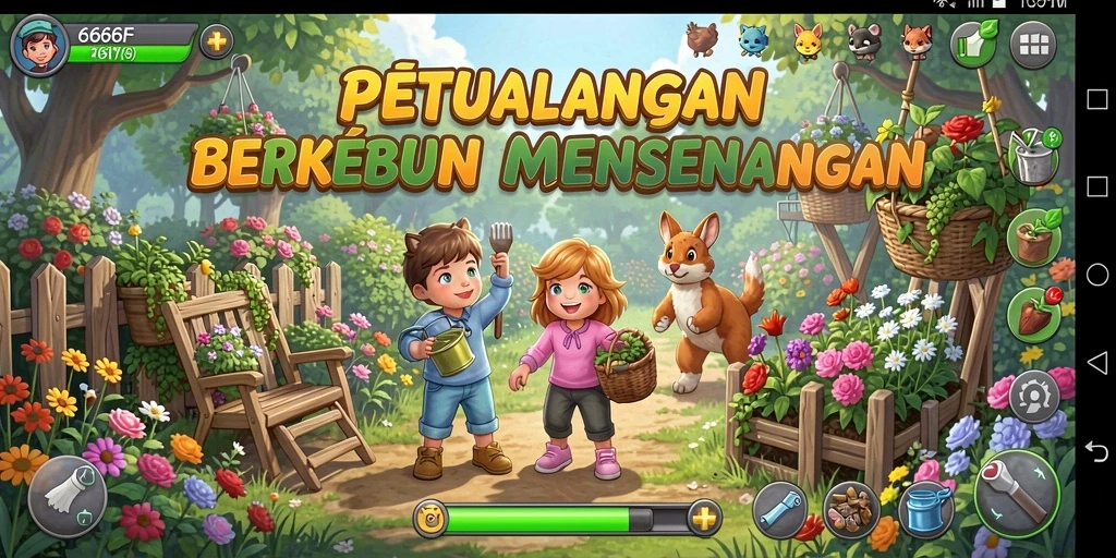 Screenshot gameplay 666F menunjukkan aktivitas berkebun yang seru dan berwarna.