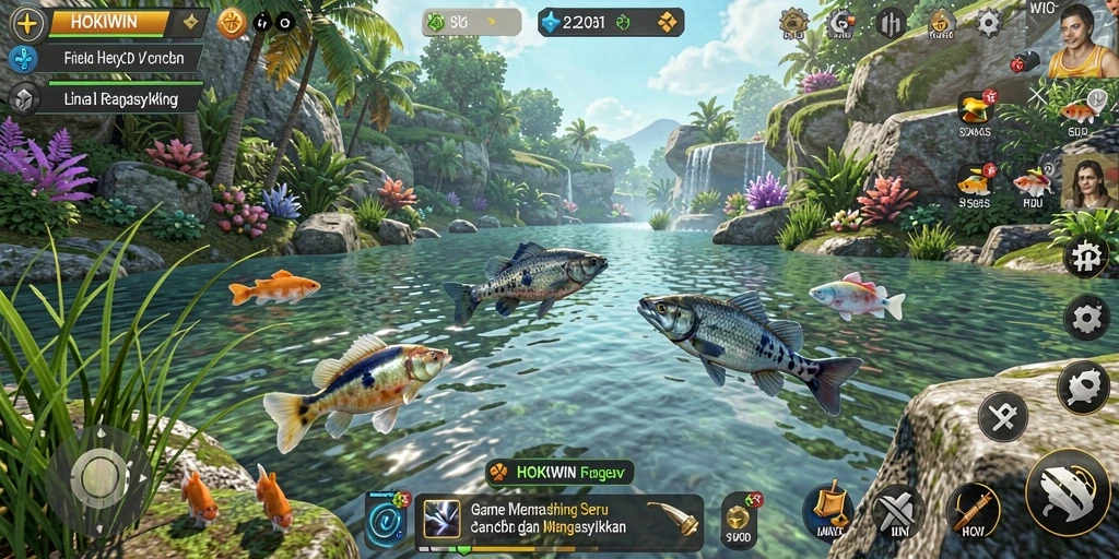 Screenshot gameplay HOKIWIN menampilkan aksi memancing yang seru.