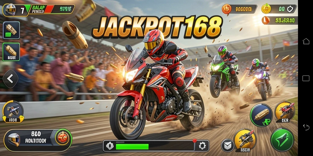 Screenshot gameplay JACKPOT168 menampilkan balapan motor yang seru.