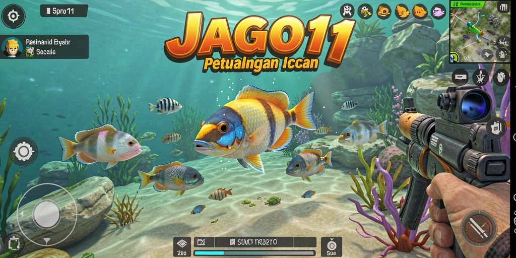 Screenshot utama JAGO11 menampilkan aksi seru saat menembak ikan.