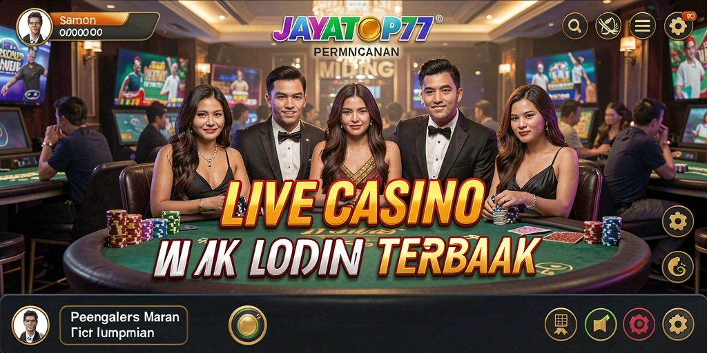 Tangkapan layar permainan <strong>JAYATOP77</strong> yang menampilkan dealer langsung dan suasana kasino yang nyata.
