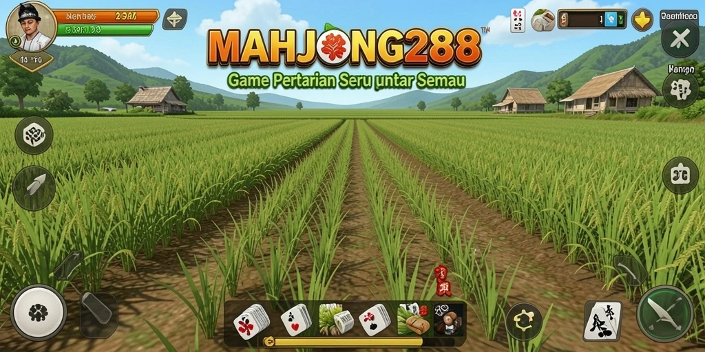 Tangkapan layar gameplay <strong>MAHJONG288</strong> menunjukkan kebun yang indah dengan tanaman subur dan hewan ternak.