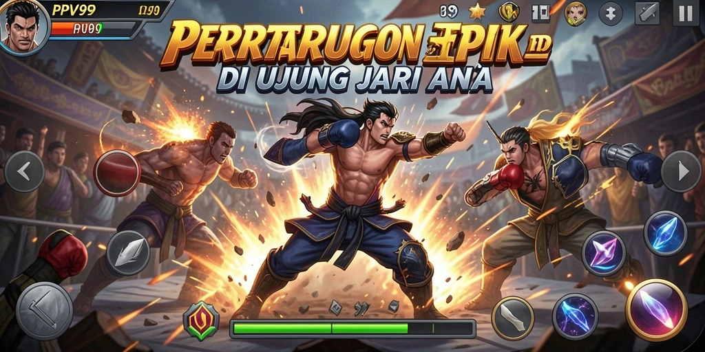 Gameplay PPV99 menampilkan pertarungan seru antar karakter petarung.