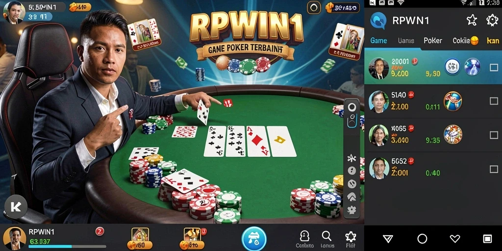 Screenshot utama RPWIN1 menampilkan suasana permainan poker yang seru dan kompetitif.