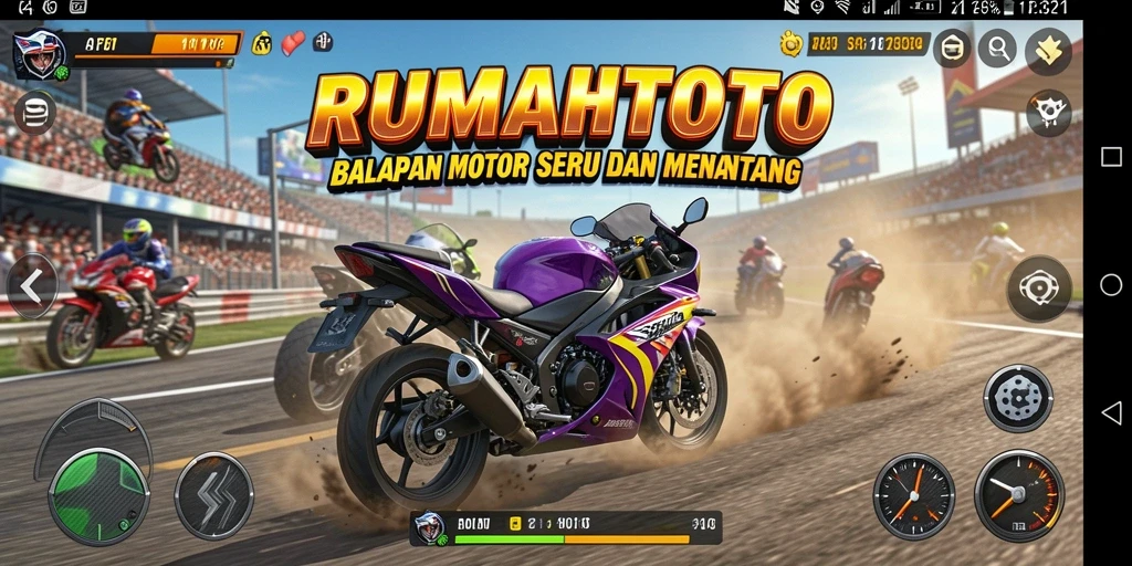 Tampilan gameplay RUMAHTOTO yang seru dengan balapan motor.