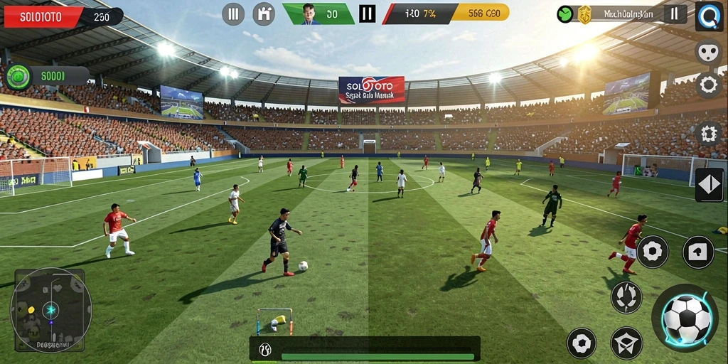 Screenshot gameplay SOLOTOTO menampilkan aksi sepak bola yang menarik.