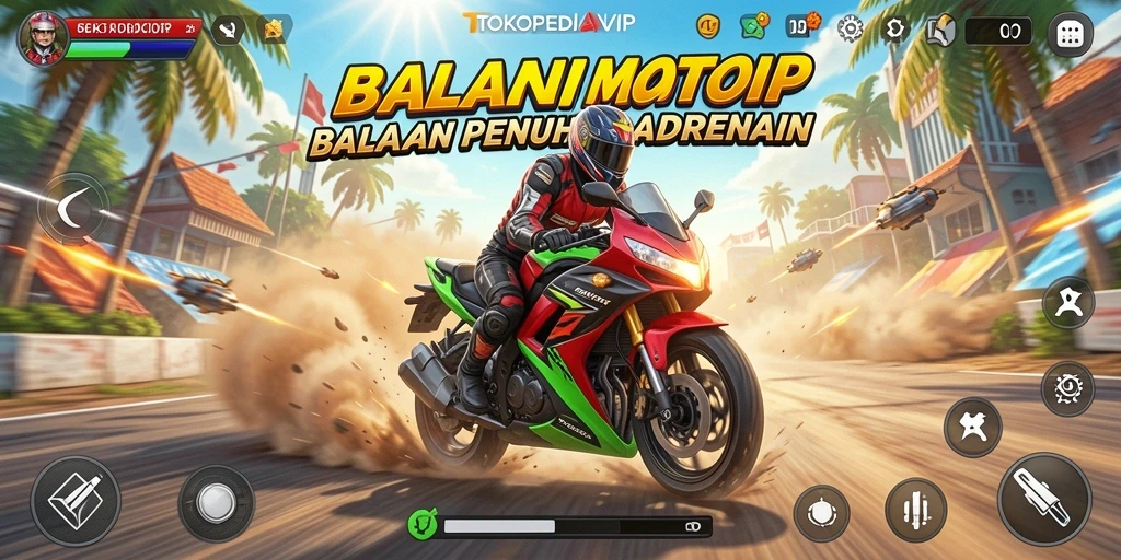 Screenshot gameplay TOKOPEDIAVIP yang penuh aksi balapan motor.