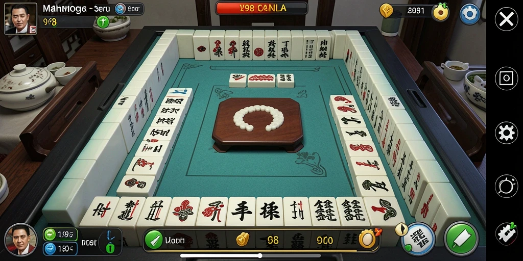 Tampilan gameplay mendebarkan dalam V98 dengan elemen Mahjong yang klasik.