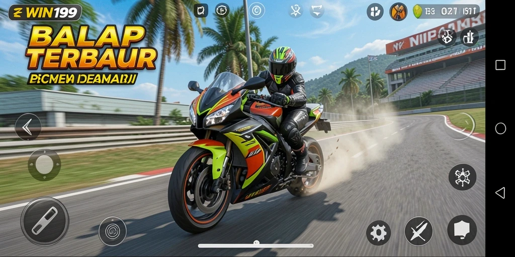 Gameplay seru WIN199 menampilkan aksi balap motor yang mendebarkan.