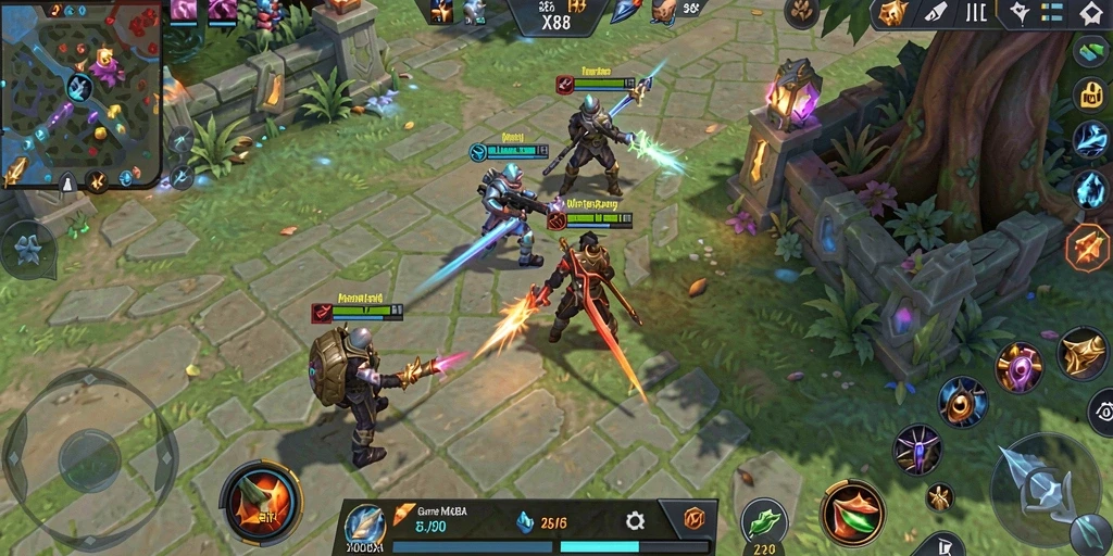 Gameplay seru X88 dalam pertarungan tim MOBA.