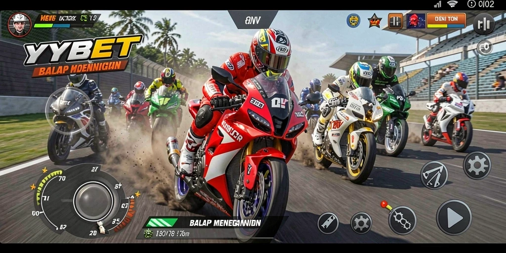 Screenshot utama YYBET menunjukkan balapan motor mendebarkan di lintasan.